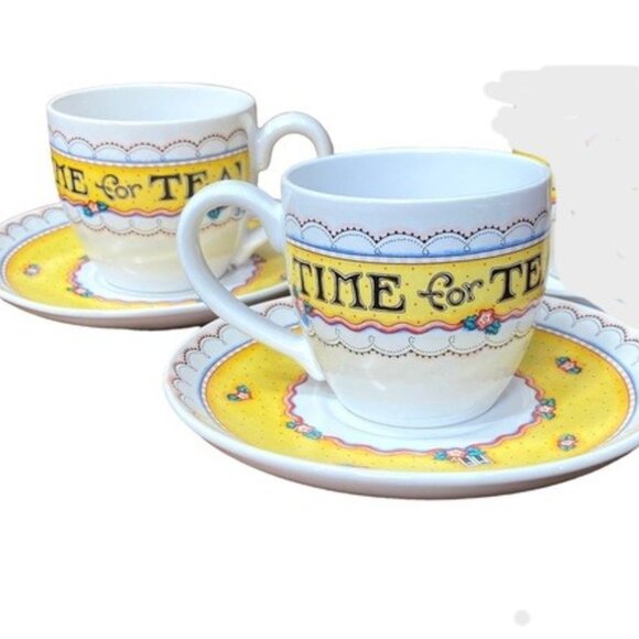 Lot of 2 sets Vintage Mary Engelbreit Cup & Saucer Set Time For Tea ME Yellow - Picture 1 of 7